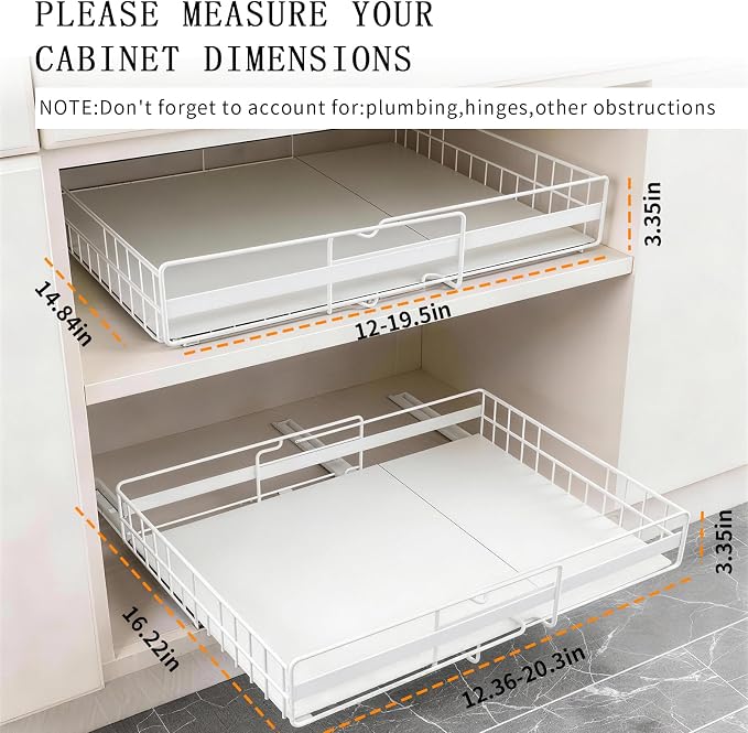 2 Pack Expandable Pull out Cabinet Organizer, Width (13"-21") 22" Deep Pull Out Drawers for Cabinets, Upgrade 3 Slide Rails Slide Out Drawers, No Drill Adjustable Roll Out Shelves (White) - Image 2