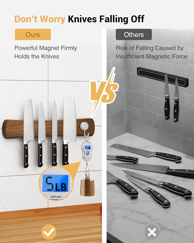 Magnetic Knife Holder, 18 Inch Acacia Wood Knife Strip for Wall or Fridge | Fridge Magnetic or Screw-Mounted, Strong Magnet Secures More Knives, Space-Saving, Kitchen Knife Storage, Housewarming Gift - Image 4