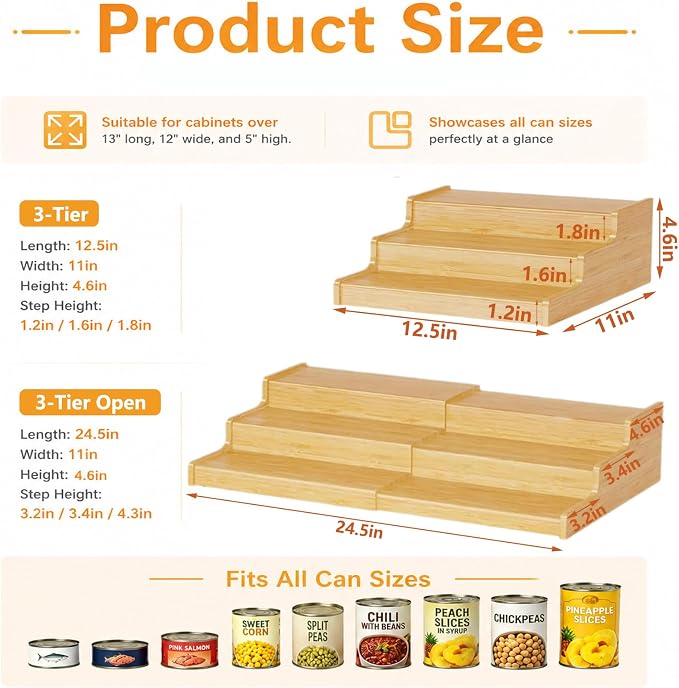 Expandable Bamboo Can Rack Organizer for Pantry, Upgraded 3-Tier Adjustable Can Storage Holder, Pantry Organizers and Storage Holds Up to 24 Cans, Canned Goods Organizer Display for Pantry, Cabinet - Image 5