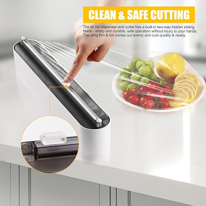 Aluminum Foil & Plastic Wrap Dispenser with Slide Cutter - Magnetic & No-Drill Wall Mount, Cling Film Dispenser for Worktops & Cabinets, Space-Saving Kitchen Organizer - Fits 12" Rolls, Black - Image 2