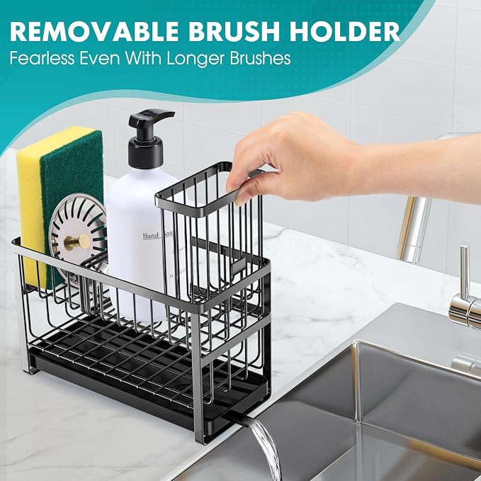 Sinnsally Kitchen Sponge Holder,Sink Caddy Organizer with High Brush Holder,Stainless Steel Sink Box Dish Scrubber Holder,Soap Tray for Kitchen Counter Accessories & Storage Rack(2 Tier - Black) - Image 3