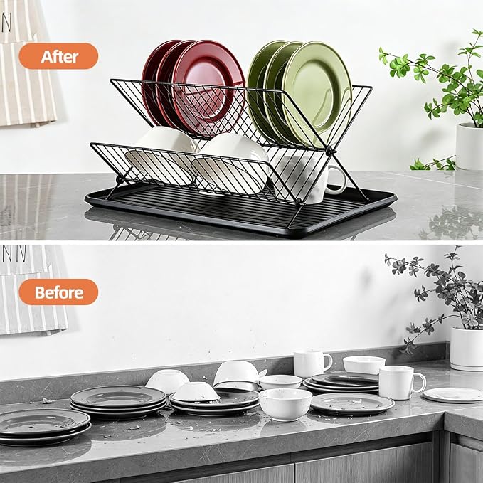Black Foldable Double-Tier Dish Rack Large-Capacity Expandable Dish Rack, Rust-Proof Dish Rack, Draining Tray Suitable for Kitchen Worktops (Black) - Image 3