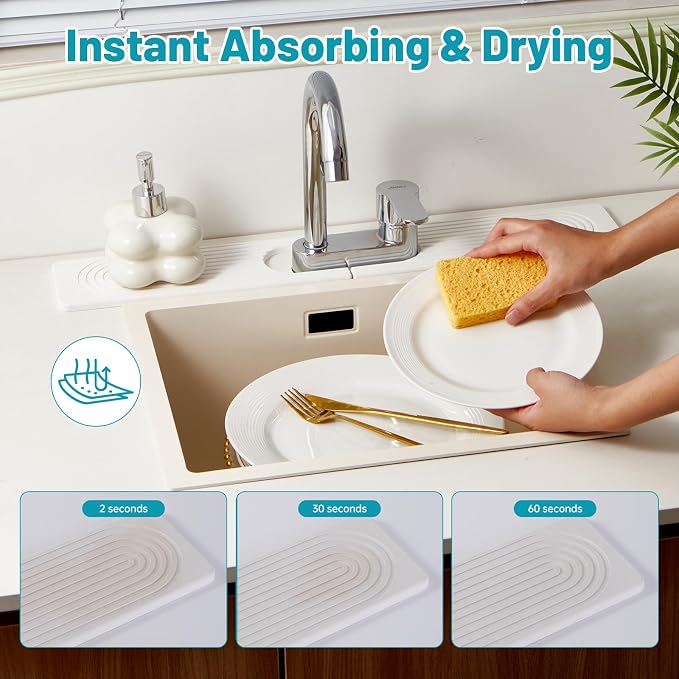 Stone Faucet Mat for Kitchen Sink Oval Hole Bathroom sink splash guard | Water-Absorbing Diatomite Stone Drying Mat & Sink Protectors Absorbent Stone Tray for Bathroom Counter, Oval Hole 6.5" x 2.5" - Image 6