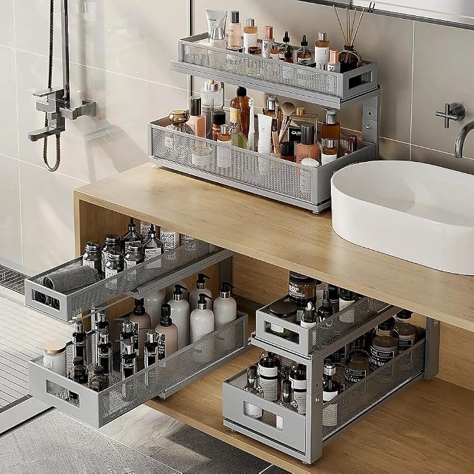 2 Pack 21.3IN-Depth Under Sink Organizer with Next-Gen Ball-Bearing Slides,2-Tier Pull Out Cabinet Storage,Height Adjustable Drawer Shelf for Bathroom,Kitchen,Laundry,Cabinet,Pantry-Gun Gray - Image 7