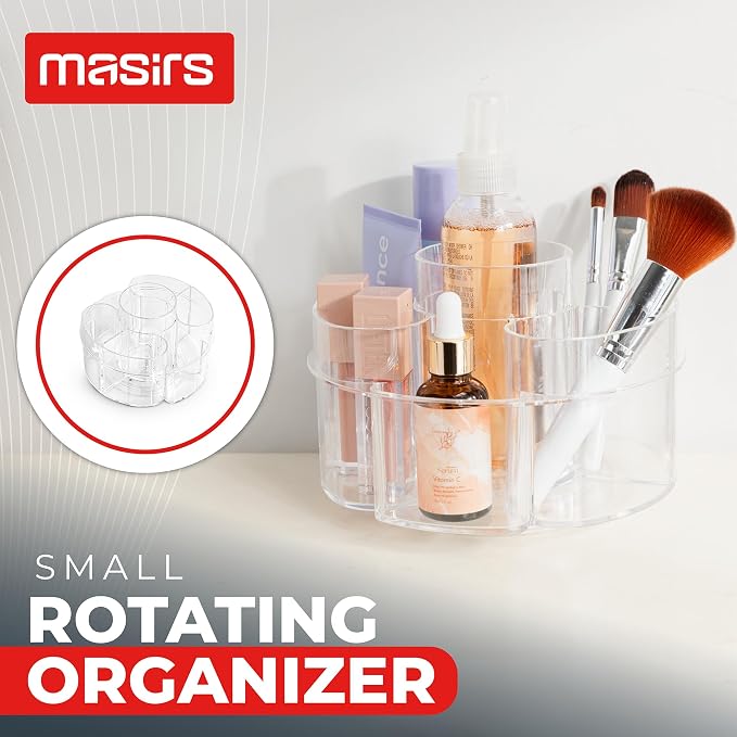 Masirs Small 360 Rotating Makeup Organizer, 5 Compartments, Round Clear | Small 360 Rotating Makeup Organizer, 5 Compartments, Acrylic Mini Lazy Susan, Vanity Bathroom Counter, Round Clear - Image 2