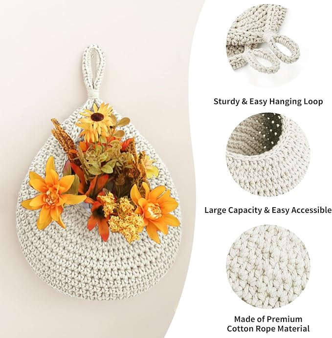 Boho Wall Hanging Fruit Baskets for Kitchen 3 Pack Woven Produce Holder with 6 Pcs Strong Hooks Vegetable Hanging Basket for Organizing Teardrop Home Wall Potato Onion Storage, White - Image 2