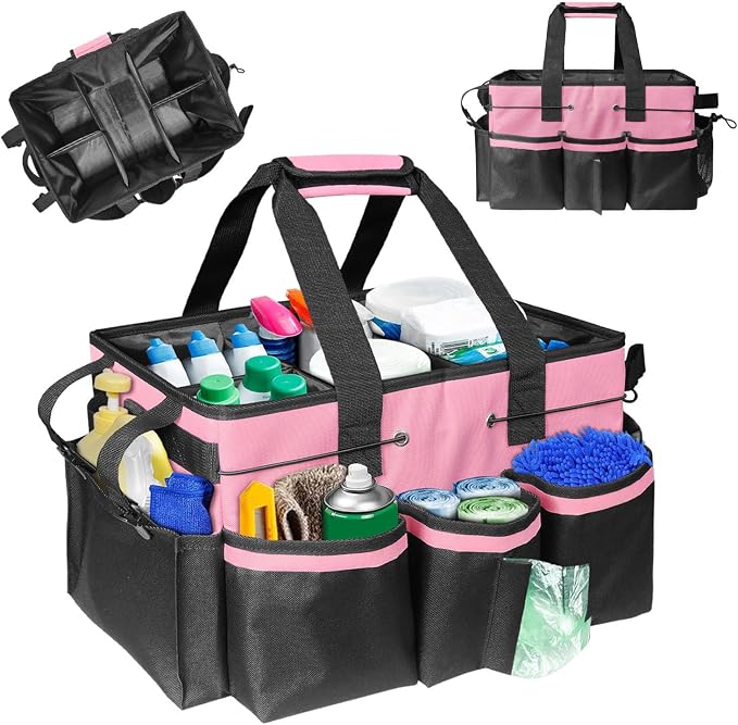 Boczif Cleaning Caddy Bag Wearable,Cleaning Caddy Supplies Organizer(Pink) | with Handle, Shoulder Straps & Detachable Divide, Cleaning Tool Organizers Tote Bag for Cleaners & Housekeepers by Boczif