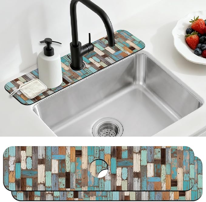 2 Pcs Colored Wood Grain Kitchen Sink Splash Guard Faucet Mat for Sinks Absorbing Drying Mats for Kitchen Bathroom, 23.6x5.5inch by CONCHLERY%E6%97%97%E8%88%B0%E5%BA%97