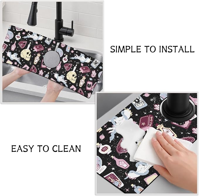 Halloween Kitchen Sink Splash Guard Faucet Mat,Black Witches Ghost Skulls Halloween Faucet Non-Slip Absorbent Mat,Farmhouse Sink Splash Guard Behind Faucet for Kitchen Bathroom,15"x5.5" - Image 4