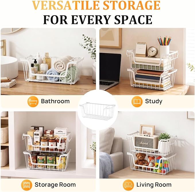 SUNALLY Stackable Storage Bins 6 Pcs Wire Baskets Freezer Organizer, White | Pantry Organizers Storage, Vegetable Fruit Storage Basket for Countertop, Kitchen Baskets for Onion Potato Snack Cans Storage - Image 7