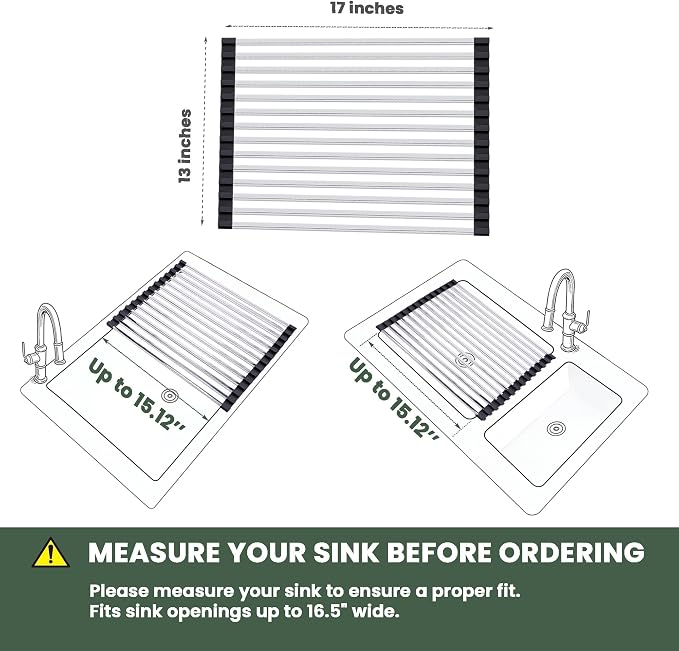 Roll Up Dish Drying Rack Over the Sink 17 x 13’’, 304 Stainless Steel Black | 17 x 13’’, Sink Rack, Rust-Resistant, Foldable Non-Slip Kitchen Drainer Mat for Dishes, Produce, RV & Small Kitchens - Image 2