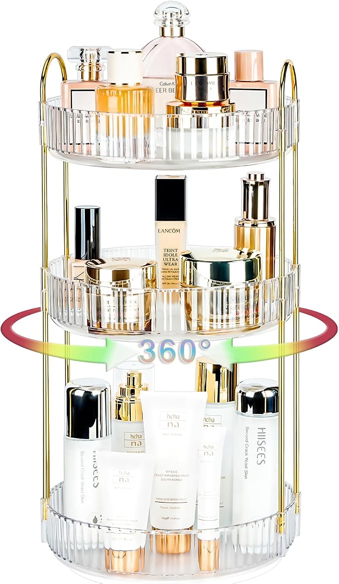 360 Rotating Makeup Organizer, 3 Tier Large Capacity Lazy Susan Bathroom Counter Organizer, Skincare Organizers, Spinning Perfume Organizer & Vanity Organizer Countertop (Golden Clear, 3 Tier) by Niluks