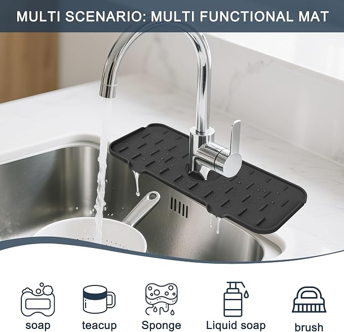 Kitchen Faucet Sink Splash Guard - Faucet Guard & Draining Mat Black | Silicone water catcher mat, Sink drain pad behind fauce; Sink rubber mat, Faucet Mat, kitchen bathroom protect around faucet - Image 3