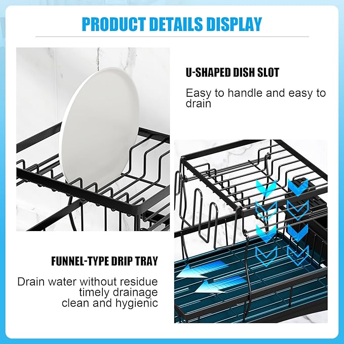 7 code 2-Tier Large Dish Drying Rack for Kitchen Counter, Black | Detachable Large Capacity Dish Drainer Organizer with Auto Drain, Anti-Rust Dish Rack with Cup & Utensil Holders - Image 4