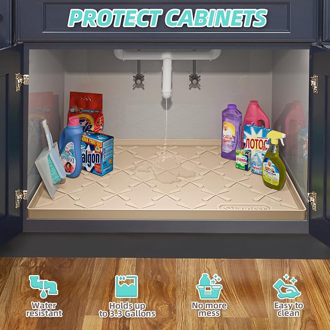 Waterproof Under Sink Mat Silicone 22"x19", Kitchen Cabinet Liner | BPA Free Home Organizer and Storage, Thick Raised Edge Cabinet Protector, Non-Slip Dog & Cat Mat, Dish Drying Mat - Image 5