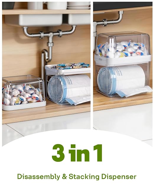 Kaen 3 in 1 Trash Bag Dispenser Under Sink Dishwasher Pod Organizer | Large Stackable Trash Bag Holder Garbage Bag Dispenser for 13/30/33 Gallon Bags, Clear Storage Bins Laundry Pods Container - Image 3