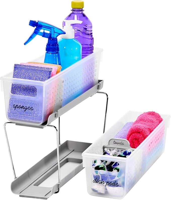 madesmart Mini 2-Tier Organizer, Multi-Purpose Slide-Out Storage with Handles and Dividers for Home and Bath, Frost | pull out bins, adjustable dividers, tiered access, cleaning supplies, under sink use, pantry bottles, woman owned - Image 2