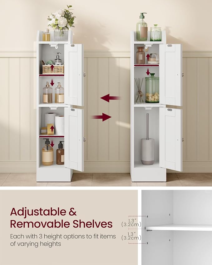 VASAGLE Storage Cabinet Slim with Reversible Doors, 2 Doors，Cloud White | Small Storage Corner Floor Cabinet, Narrow Orgnizer, Adjustable Shelves, Cloud White, Siren Collection, UBBK312WB01S - Image 5