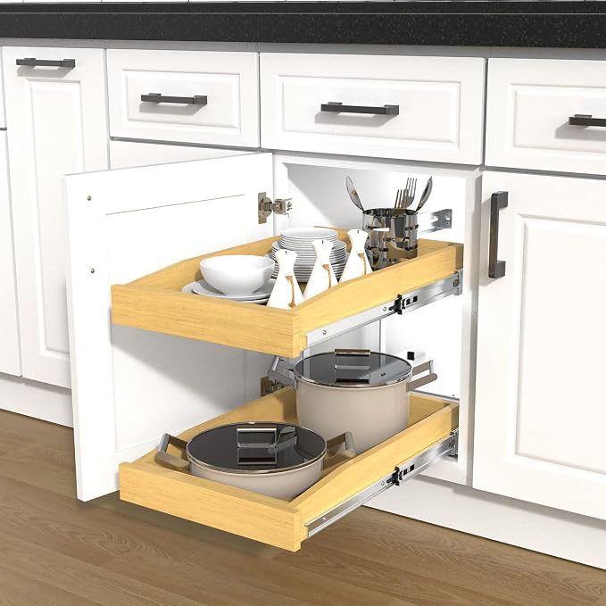 2 Tier Pull Out Cabinet Organizer, 14"W x 21"D Solid Wood Heavy-Duty Base Bottom Assembly Slide out Drawer Shel Cabinet Organization for Kitchen, Pantry, Bathroom - Image 7