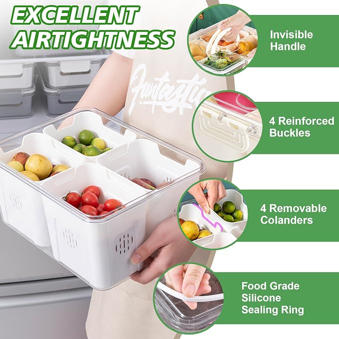 Fruit Storage Containers for Fridge with Lid and Handle, Veggie Tray Bins | Portable Fresh Produce Saver, Food Storage Container with 4 Removable Strainers,Salad Bar for Berry, Vegetable, Refrigerator - Image 4