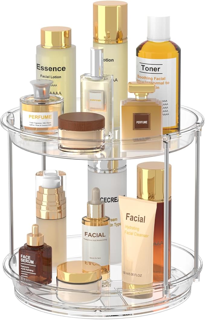 360 Rotating Makeup Organizer, 2 Tier Skincare & Perfume Holder for Bathroom Counter, Clear Spinning Vanity Tray, Lazy Susan Turntable Organizer for Dresser, Kitchen Cabinet by Unknown