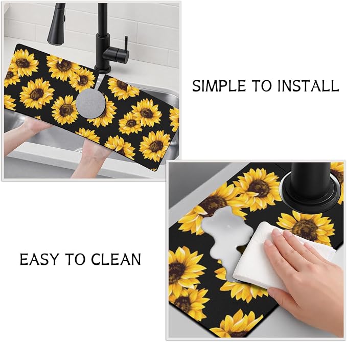 Vintage Black Sunflowers Kitchen Sink Splash Guard Faucet Mat,Faucet Non-Slip Absorbent Mat,Farmhouse Sink Splash Guard Behind Faucet for Kitchen Bathroom, 15"x5.5" - Image 4