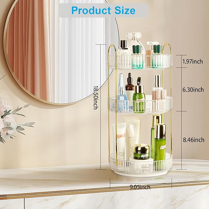 360 Rotating Makeup Organizer, 3 Tier Large Capacity Lazy Susan Bathroom Counter Organizer, Skincare Organizers, Spinning Perfume Organizer & Vanity Organizer Countertop (Golden Clear, 3 Tier) - Image 3