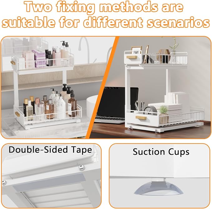 Under Sink Organizer 1 Pack Pull Out Cabinet Organizer with Ball Bearing Sliding Drawer 2 Tier Adjustable Storage Rack Heavy Duty for Kitchen Bathroom White - Image 4