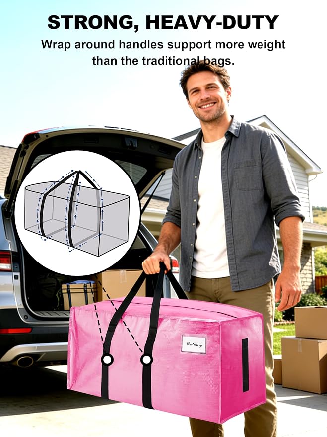 HOMESURE Supports 200lbs Heavy Duty Moving Bags - Strong Zipper & Wrap-Around Handles - Water-Resistant Storage Totes, Durable Alternative to Moving Boxes - 8 Pack - Pink - Image 2