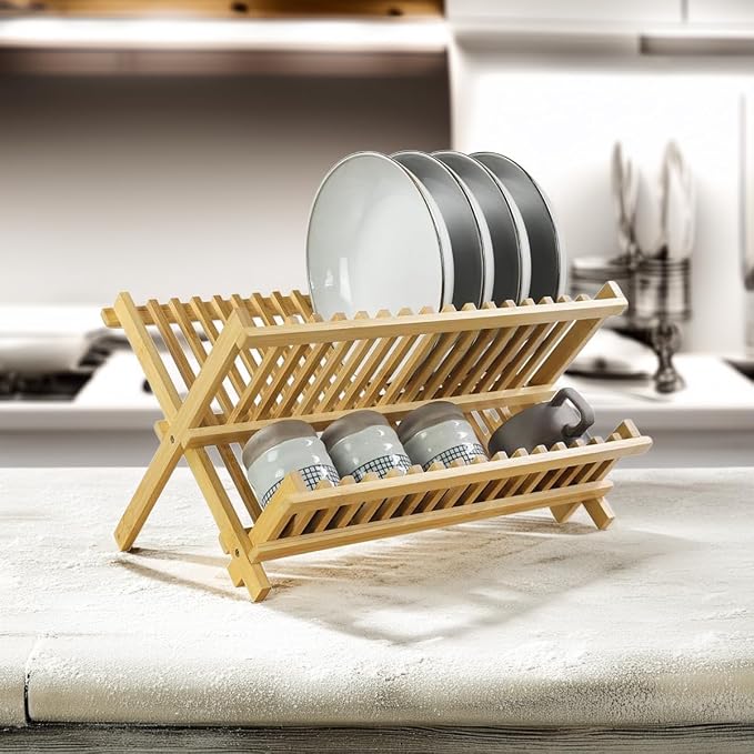 Oggi 2 Tier XL Folding Bamboo Dish Drying Rack, Large Foldable Dish Rack for Kitchen Counter, Bamboo Plate Drying Rack, Collapsible Dish Drainer with 16 Plate Slots - Image 2