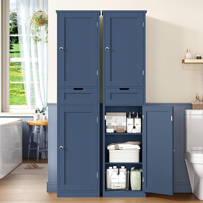 Iwell 67" Tall Bathroom Cabinet, Storage Cabinet with 2 Doors & 1 Drawer, Bathroom Storage Cabinets with Adjustable Shelves, for Living Room, Laundry Room, Home Office, Blue - Image 2