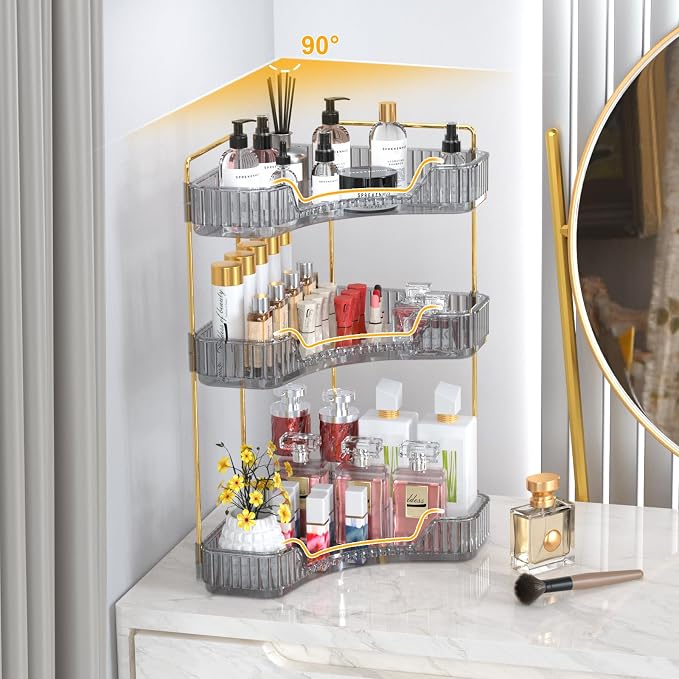 GTI 3-Tier Corner Bathroom Counter Organizer, Large Capacity Makeup Organizer Countertop, Perfume Cosmetics Skincare Vanity Organizers, Exquisite Countertop Storage for Women (Gray) - Image 6