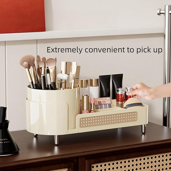 Booklov Rotating Makeup Organizer for Vanity Countertop, Cream | Plastic Cosmetic Display Case, Large Beauty Brush Holder for Bathroom Counter, Skin Care Perfumes Storage - Image 6