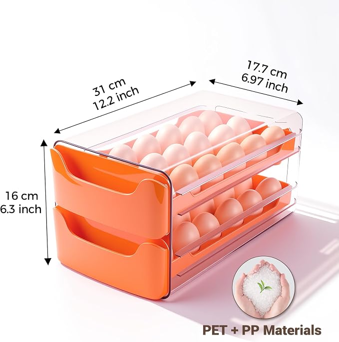 Egg-Holder for Fridge, Fits Small to Large Eggs, Orange | 36 Egg-Storage for Refrigerator Countertop, 2 Tier Dispenser with Drawer, Stackable Clear Egg Tray Container - Image 2