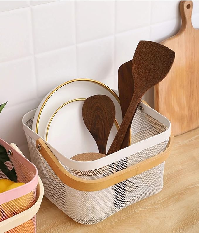 AJIODA Metal Mesh Steel Basket, Storage Organizer Basket Multi-functional Hanging Kitchen Baskets Fruit Basket Bin with Bamboo Handle for Kitchen Bathroom Picnic Shopping Decor Cabinet Home, White - Image 7