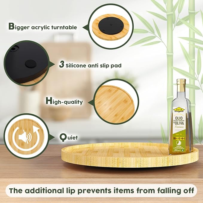 Lazy Susan Organizer, 13.2 Inch Non-Skid Bamboo Turntable | Kitchen Table Cabinets Closets and Kitchen Islands, Wood Turntable for Kitchen Countertop Organizer - Image 6