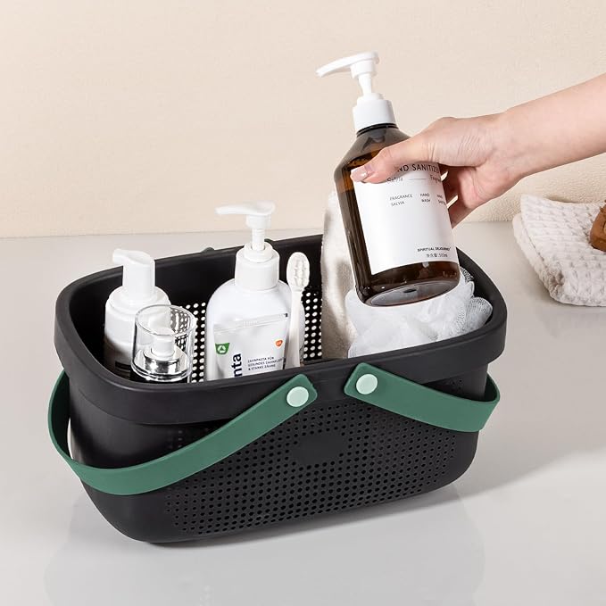 Portable Shower Caddy Basket with Handle Plastic Storage Basket Black Green | Sturdy Drainage Large Capacity Organizer Basket with Silicone Handles for Bathroom Kitchen Bedroom College Dorm Essentials - Image 6