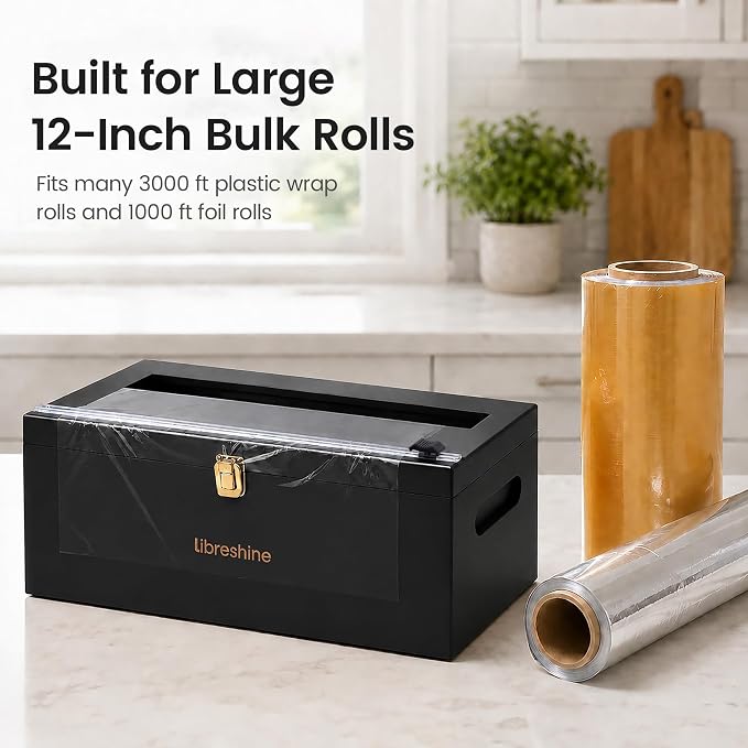 Libreshine 12-Inch Bamboo Plastic Wrap Dispenser with Cutter, Black | Fits many large 3000 ft plastic wrap and 1000 ft foil rolls, including Kirkland rolls sold at Costco - Image 2