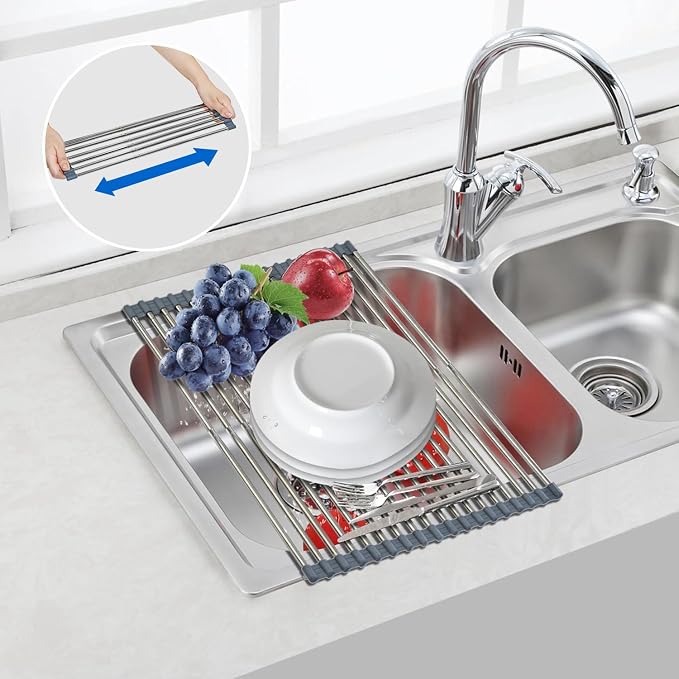 Expandable Roll Up Dish Drying Rack Over The Sink Rack, Large Dish Drainer Rack for Stainless Steel Sinks, Non-Slip Silicone Collapsible Rack 18 Tube for Kitchen, Sliver Gray - Image 2