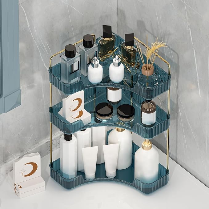 Corner Bathroom Counter Organizer Bathroom Countertop Shelf Makeup Organizer for Vanity Perfume Tray for Corner Storage (3 Tiers, Blue) - Image 5