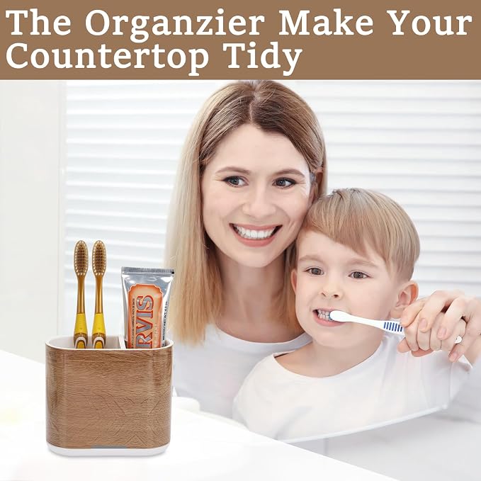 Toothbrush Holders Toothpaste Organizer for Bathrooms, Wood Grain | 2 Slots, Easy to Clean, Plastic, Kids Electric Toothbrush, Drainage, Removable, For Bathroom, Vanity, Kitchen Sink, Office - Image 5