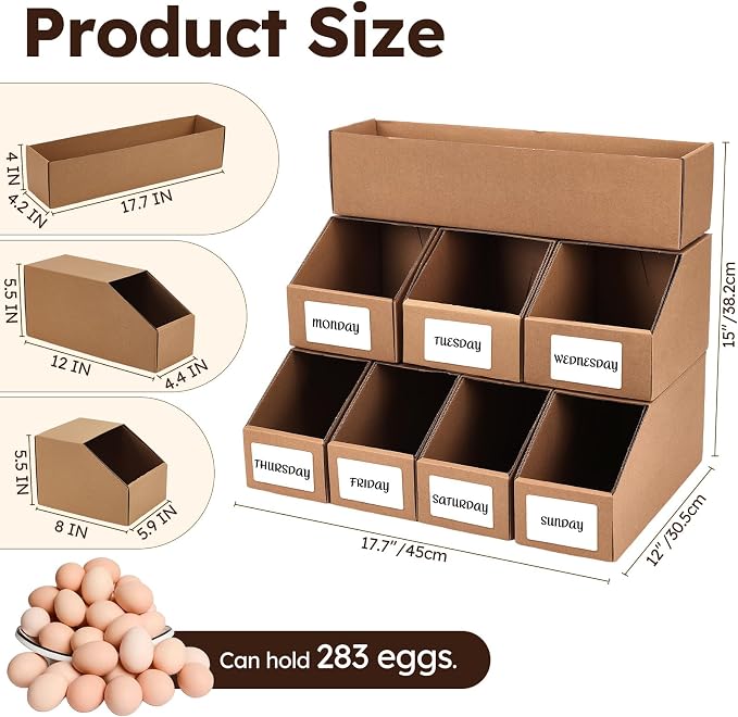 Egg Holder Countertop with 7 Dividers, 3 Tier Stackable Cardboard Chicken Egg Organizer for Gathering 283 Eggs, Fresh Egg Storage with 7 Write & Wipe Labels for Kitchen Counter - Image 2