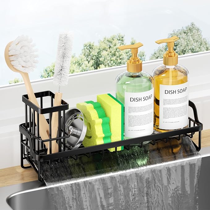 Consumest Sponge Holder for Kitchen Sink - Sink Caddy with Stainless Steel Self Drain Tray, Sink Organizer with High Brush Holder Countertop for Kitchen Sink Accessories, Black-Extra Large by Consumest