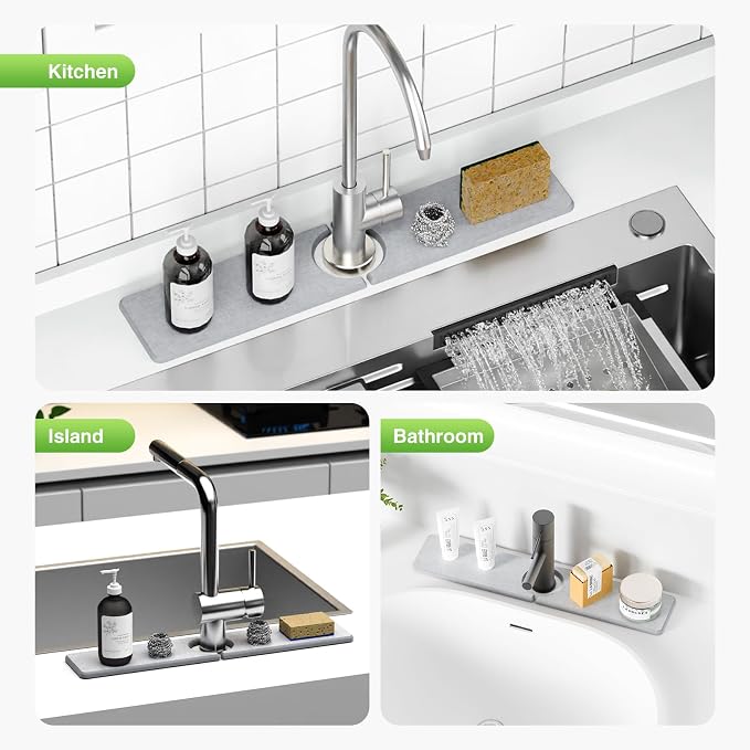 Premium Stone Faucet Mat for Kitchen Sink, 20" x 4" Light Gray | Quick Drying & Water Absorbent, Sink Splash Guard Tray for Prevents Moisture Buildup - Image 8