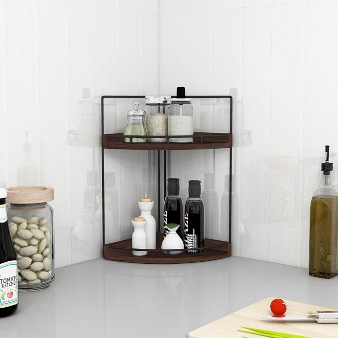 Dorhors Corner Bathroom Counter Organizer,Vanity Countertop Storage Shelf | 2-Tier Walnut Rack Holder for Skincare,Perfume,Makeup,Lotion,Wood Sink Tray Stand for Kitchen,Restroom,Dresser - Image 6