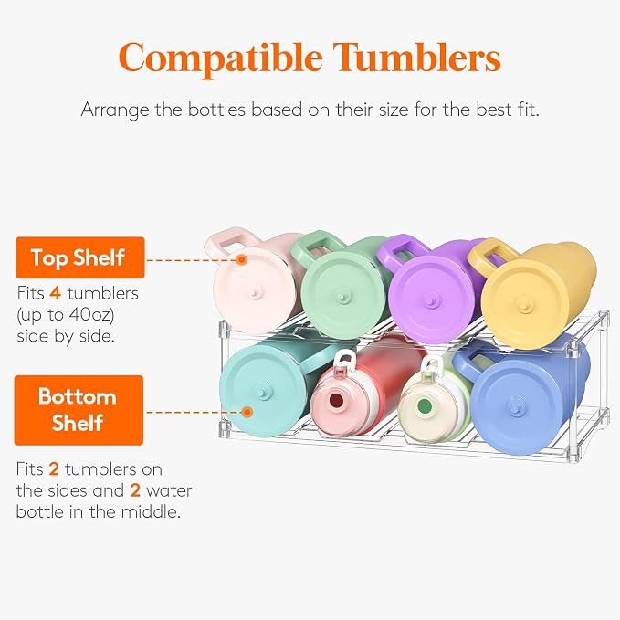 Lifewit Stackable Bottle Storage Organizer, Clear Freestanding Wine Holder for Cabinet, Large Slot Water Bottle Tumbler Cup Organizer for Pantry, Plastic Wine Rack for Fridge Cellar, 2Tier Hold 8 - Image 4