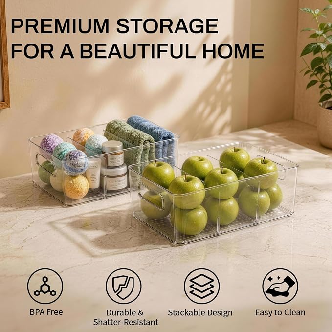 Mpotmiy 4-Pack Pantry Organizers and Storage, Clear Fridge Organizer Bins | Clear stackable plastic bins with removable dividers for packets, snacks, pouches and spices in pantry, fridge or freezer. - Image 2