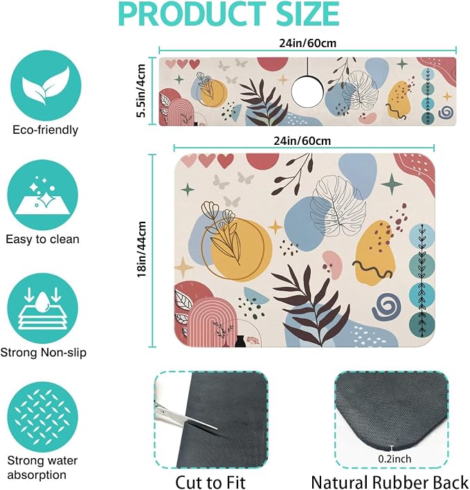 Dish Drying Mat for Kitchen Counter Matt, 2PCS 24"x18" Dish Drainer Mat & 24"x5.5" Sink Splash Guard, Super Absorbent Non-slip Rubber Backed - Image 2