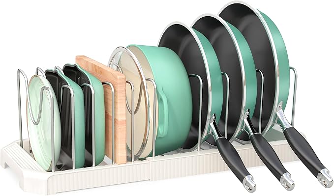 Expandable Pan Organizers Inside Cabinet with 10 Dividers White | Extends 12.9-21.9", Holds cookie sheets, cutting boards, pot lids and pans, iron dividers, plastic base, under cabinet rack by Pantasia
