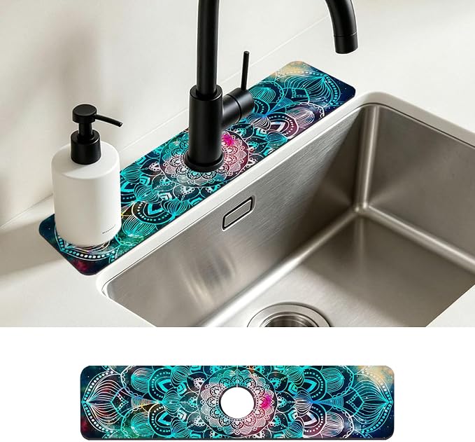 Kitchen Faucet Mat Galaxy Mandala Geometric Star Field Sink Splash Guard Behind Faucet Draining Mat Kitchen Accessories Non-slip Easy to Clean for Bathroom & Kitchen 24"X5.5" by Unknown